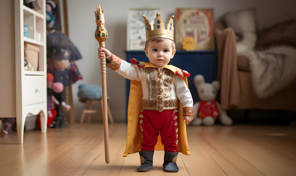 un bébé habillé en roi debout sur un parquet en bois dans une chambre d'enfant