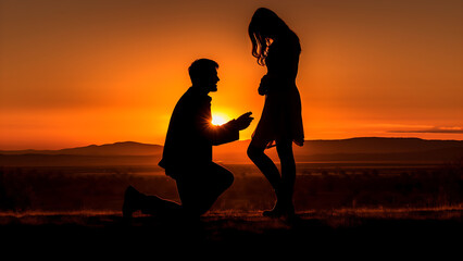 Fototapeta na wymiar Silhouette of a man kneeling proposing to a girl against a sunset background.