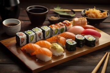 Sushi plate with chopsticks on a wooden surface