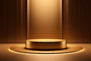 Elevated elegance. Gold adorned stage design. Spotlight on style. Minimalist studio podium. Abstract dimensions. Geometric backdrop for showcase