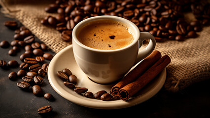 A cup of hot coffee, coffee beans and cinnamon background.