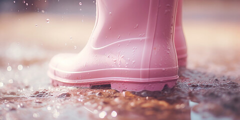 A child's pink rubber boots splashing in the rain. Enjoying the outdoors even on wet days.