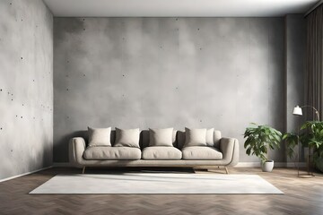 Modern interior design of living room with white sofa and empty black concrete wall background. 3D Rendering, 3D Illustration