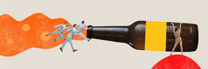 Contemporary art collage with group of young gentleman wearing retro clothes goes to huge bottle of...