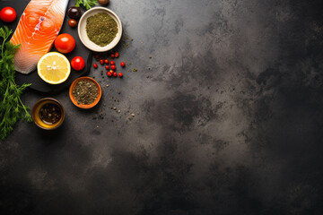 Top view of salmon,herbs and spices on a stone background.Health food, diet concept.Created with Generative AI technology.