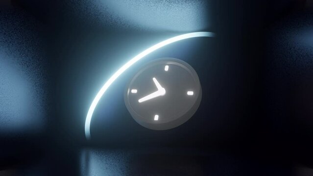 Animated support around neon light clock, round clock working 24 hours 7 days, arrow turning around. Anytime fast response icon of nice animation for customer. Full time call services. 4K 3d animation