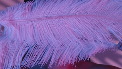 Close up shot of a seminude young woman's face and body. She's covering her face with two white feathers. Shadowed background, pink and blue neon color scheme.