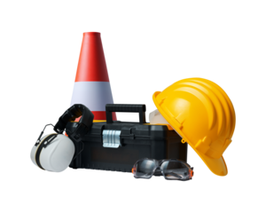 Construction worker tools and safety equipment