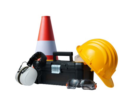 Construction worker tools and safety equipment