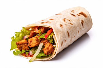 a burrito with meat and vegetables on a white surface