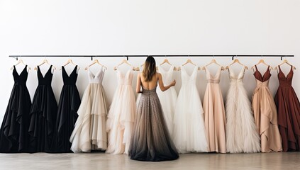 Beautiful young woman choosing a wedding dress in a wedding salon. - obrazy, fototapety, plakaty