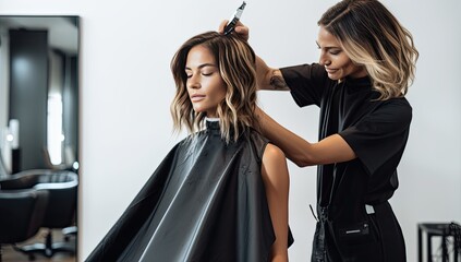 beautiful hairdresser cutting hair of american woman in salon