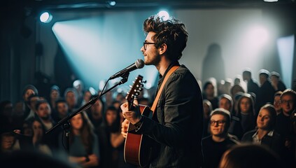 Handsome man playing on the guitar in front of a crowd