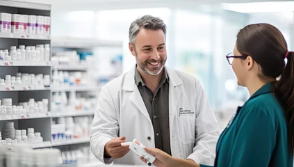 Zelfklevend Fotobehang smiling pharmacist showing medicine to customer in drugstore or pharmacy © Meow Creations