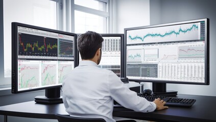 Rear view of businessman using computer in office against stocks and shares