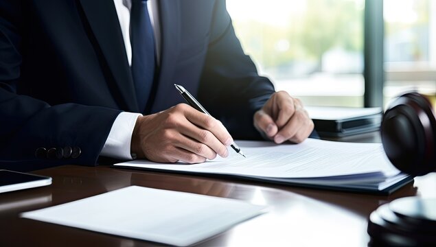 Male lawyer or judge working with contract papers in courtroom or law firm.