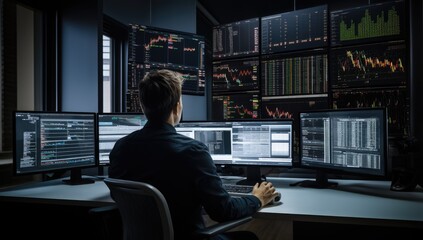 businessman analyzing stock market data with multiple computer screens in dark office