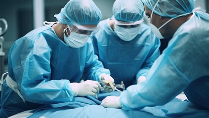 group of surgeons in operating room take with art lighting and blue filter
