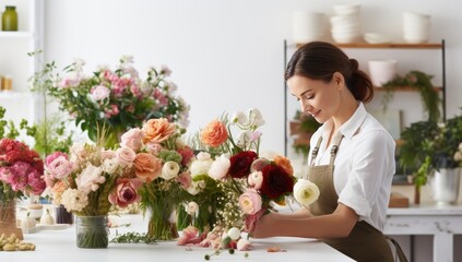 Florist making beautiful bouquet in modern flower shop, closeup