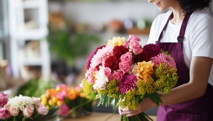 Female florist holding bouquet of flowers in her flower shop