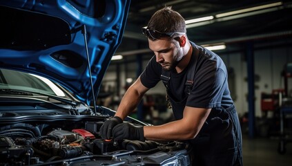 Professional auto mechanic working in auto repair shop, checking car engine. - Powered by Adobe
