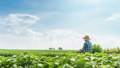 Rear view of asian farmer standing in soybean field.
