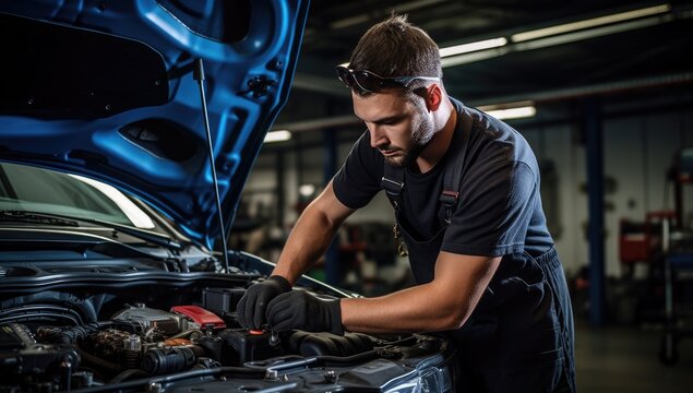 Professional auto mechanic working in auto repair shop, checking car engine.
