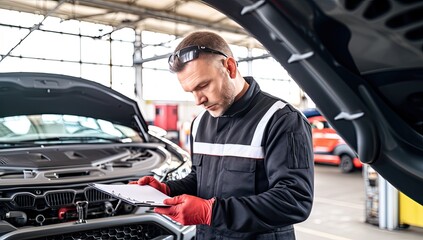 auto mechanic with clipboard checking car in auto repair shop, service industry