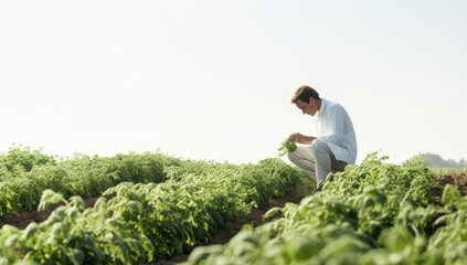 Farmer examining green lettuce plants in field on a sunny day.