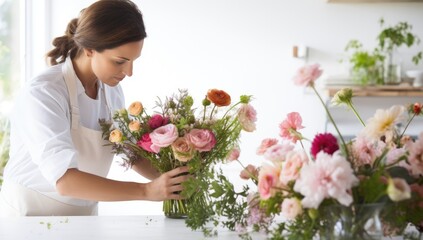 Young woman florist making bouquet of flowers in modern flower shop