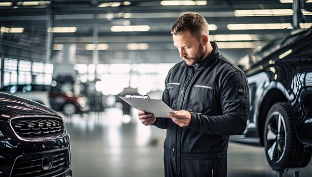 auto mechanic with clipboard checking car in auto repair shop. service industry