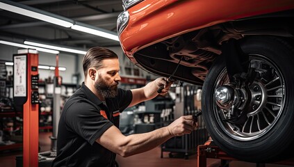 Obraz na płótnie Canvas Worker in a car repair shop. A bearded man is repairing a car.