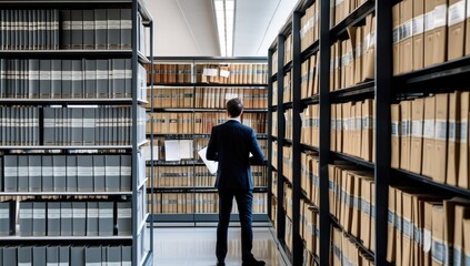 Rear view of a businessman standing in a library and looking at books