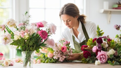 Florist making beautiful bouquet in flower shop. Young woman florist working in flower shop.