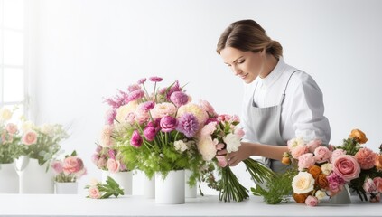 Florist making beautiful bouquet in flower shop. Floristry concept