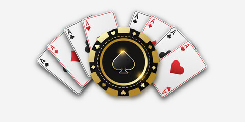 Realistic playing chip with the suit of spades, gambling tokens. Fans of playing cards ace of all suits. The concept of playing poker or casino. Vector illustration on a white bg.