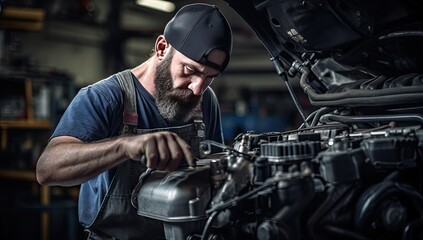 Obraz na płótnie Canvas Portrait of a bearded mechanic working on a car in a garage