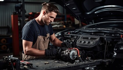 Handsome young mechanic working in auto repair shop, looking at the engine