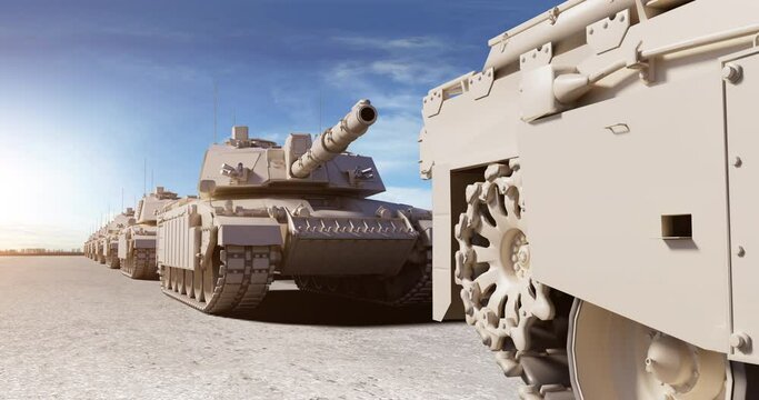 Dominating the Battlefield with Tanks. Tanks Slowly Moving Forward On Battlefield. War Related 3D Animation.