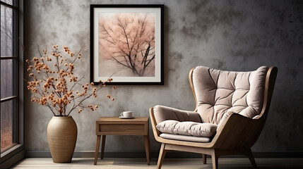 Interior design of a modern living room. White armchairs, frames on a gray wall. Generative AI