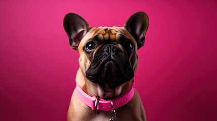 cute bulldog puppy in front of a pink background with copy space Generative AI, AI Generated
