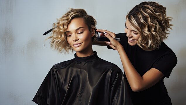 Beautiful young woman getting her hair cut by hairdresser