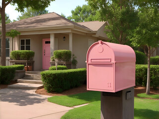 Un buzón de correo postal rosa frente de una casa rodeada de árboles y un bello jardín. Vista de frente y de cerca. IA Generativa