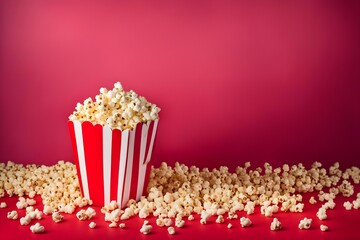 A box of movie popcorn flying out with a red background with copy space