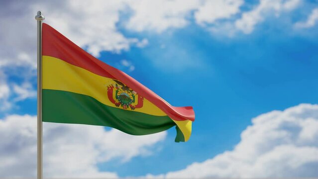 Bolivia country national flag waving on blue sky background. 3d video footage