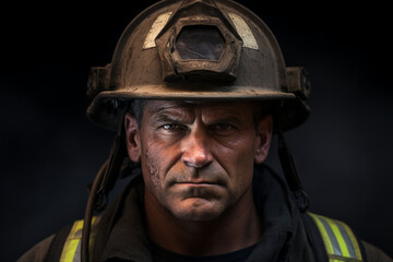 Fototapeta premium A portrait capturing the resilience etched into a firefighter's expression, a testament to his readiness for the unpredictable challenges. 