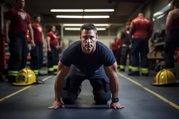 Fotobehang In the heart of a training session, a firefighter's focused stance underscores the continuous effort to hone his life-saving skills.  © Maksym