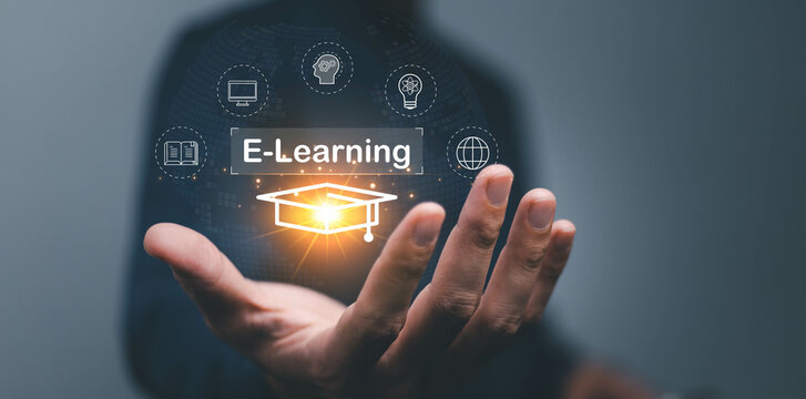 Concept of Online education. man use Online education training and e-learning webinar on internet for personal development and professional qualifications. Digital courses to develop new skills.