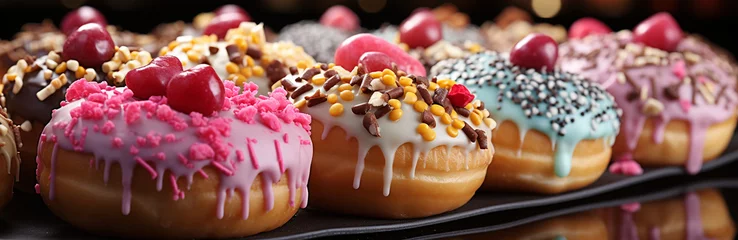 Gordijnen Top-Down Indulgence: Scrumptious Glazed Donuts, Perfectly Suited for Your Cafe Menu © HelgaQ