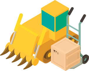 Building concept icon isometric vector. Bulldozer and postal parcel on handcart. Construction site, earth work - obrazy, fototapety, plakaty